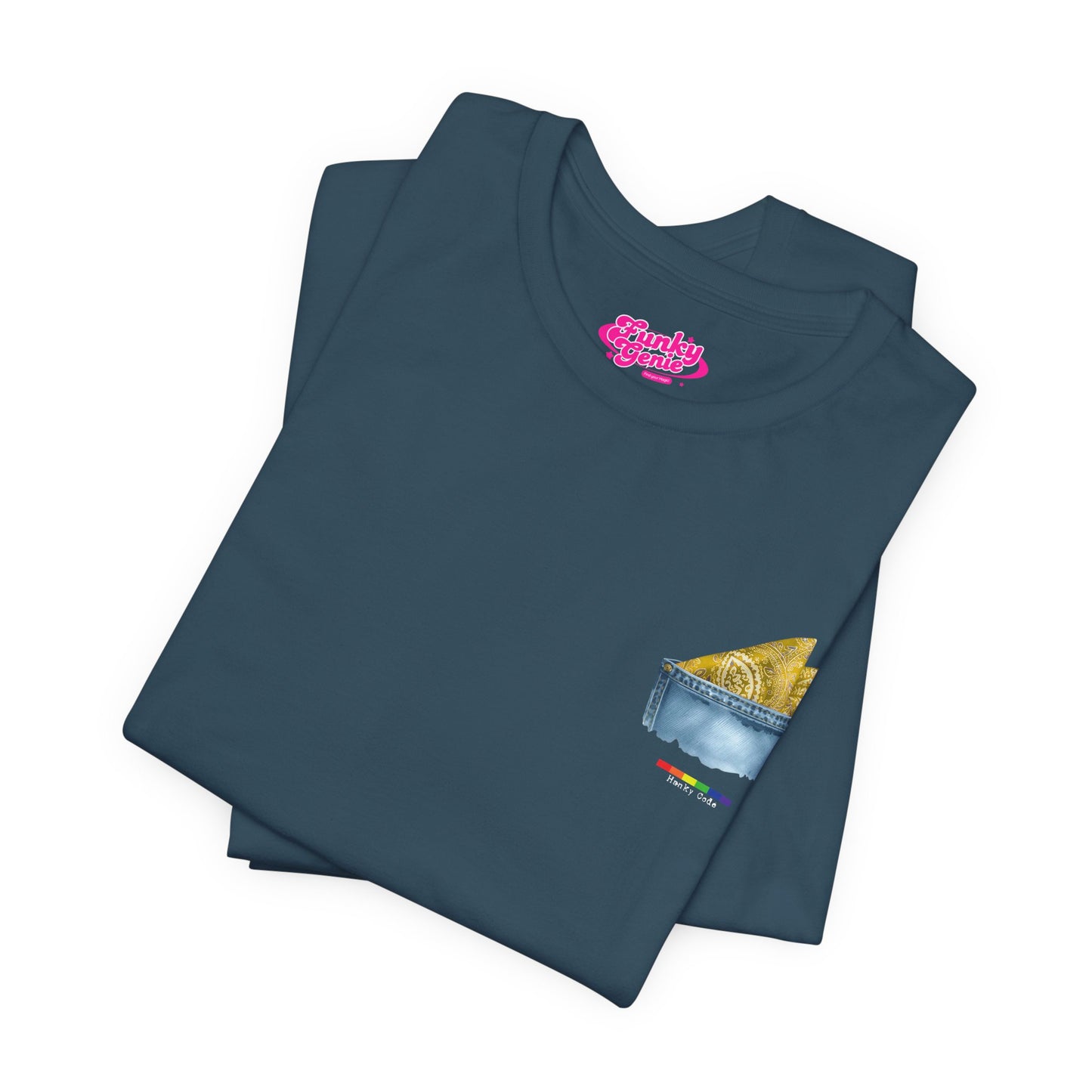 Deep Teal t-shirt with a small graphic of a pocket with a paisley print hanky tucked inside. it features the LGBT rainbow colours and the words Hanky Code
