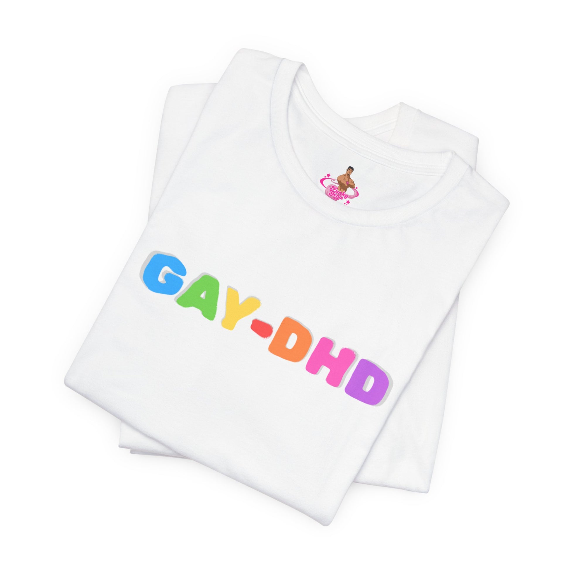 White t-shirt with colorful 'GAY-DHD' text and small graphic on a white background