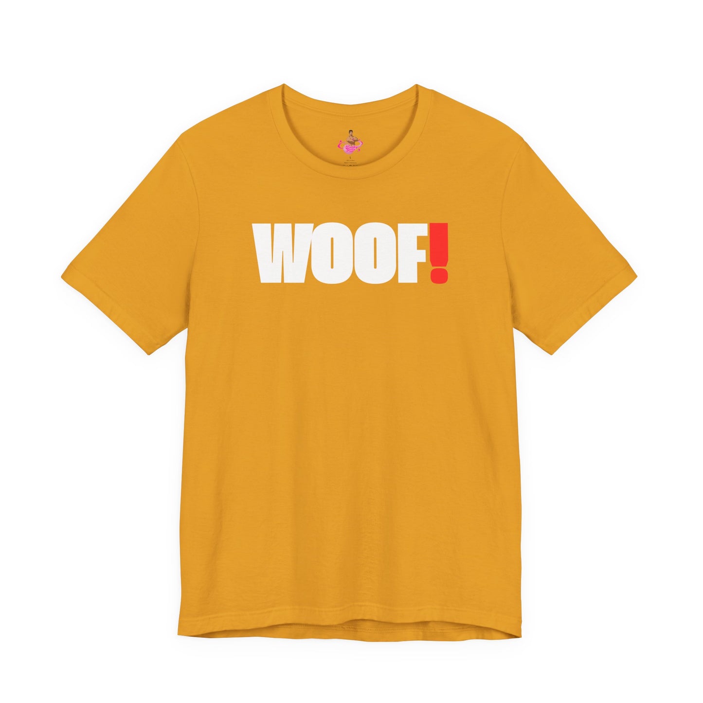Man wearing a black t-shirt with 'WOOF!' text against a dark background LGBTQIA+ QUEER, Kink Positive