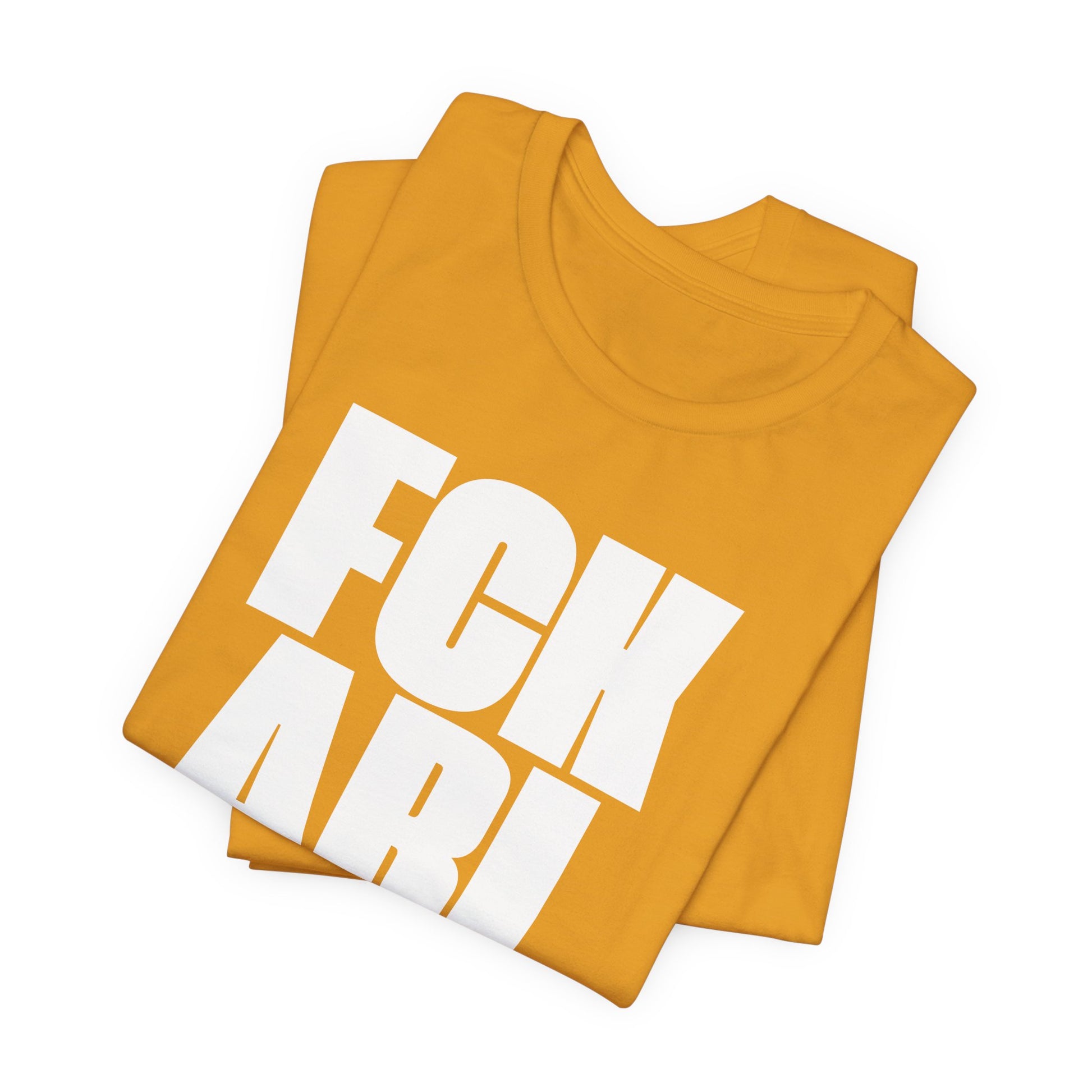 Yellow t-shirt with white text on a white background
