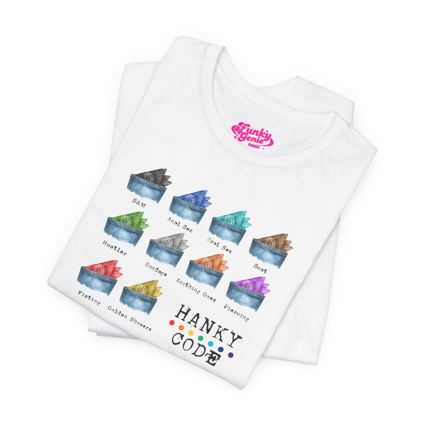 White t-shirt with a selection of small graphic images of pockets with a paisley print hankies tucked inside. it features the LGBT rainbow colours and the words Hanky Code