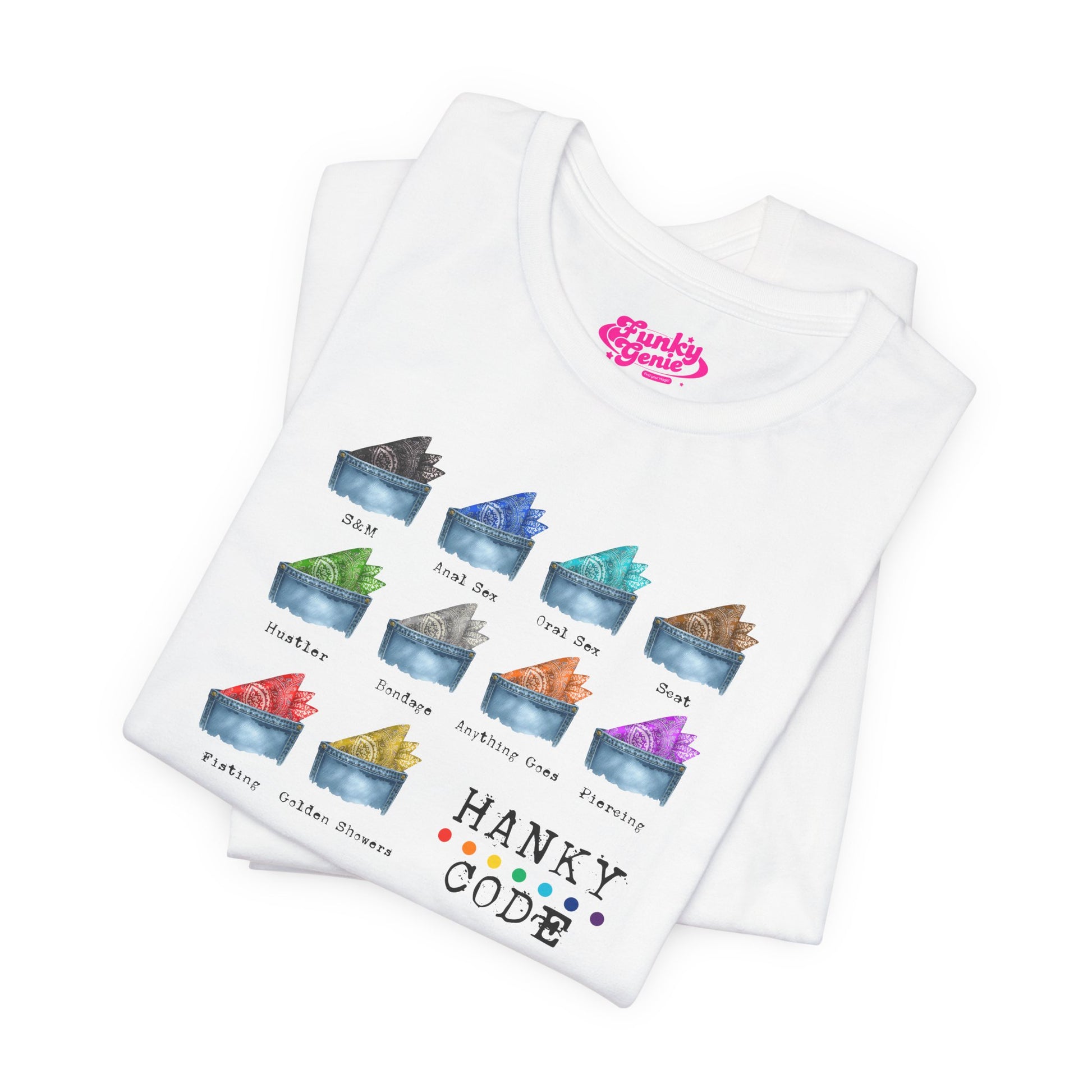 White t-shirt with a selection of small graphic images of pockets with a paisley print hankies tucked inside. it features the LGBT rainbow colours and the words Hanky Code
