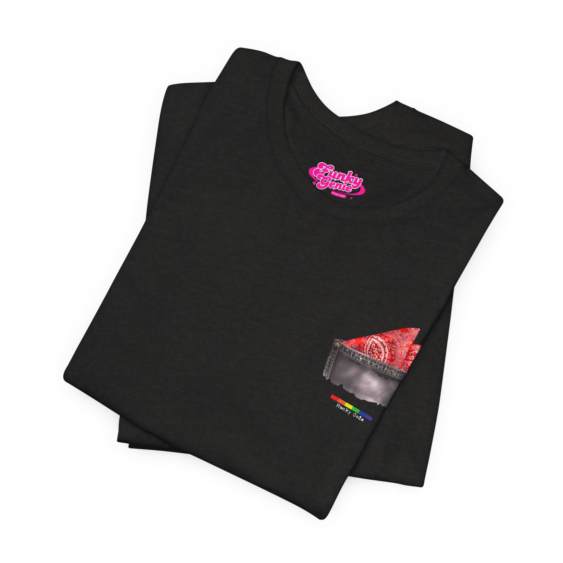 Black t-shirt with a small graphic of a pocket with a paisley print hanky tucked inside. it features the LGBT rainbow colours and the words Hanky Code