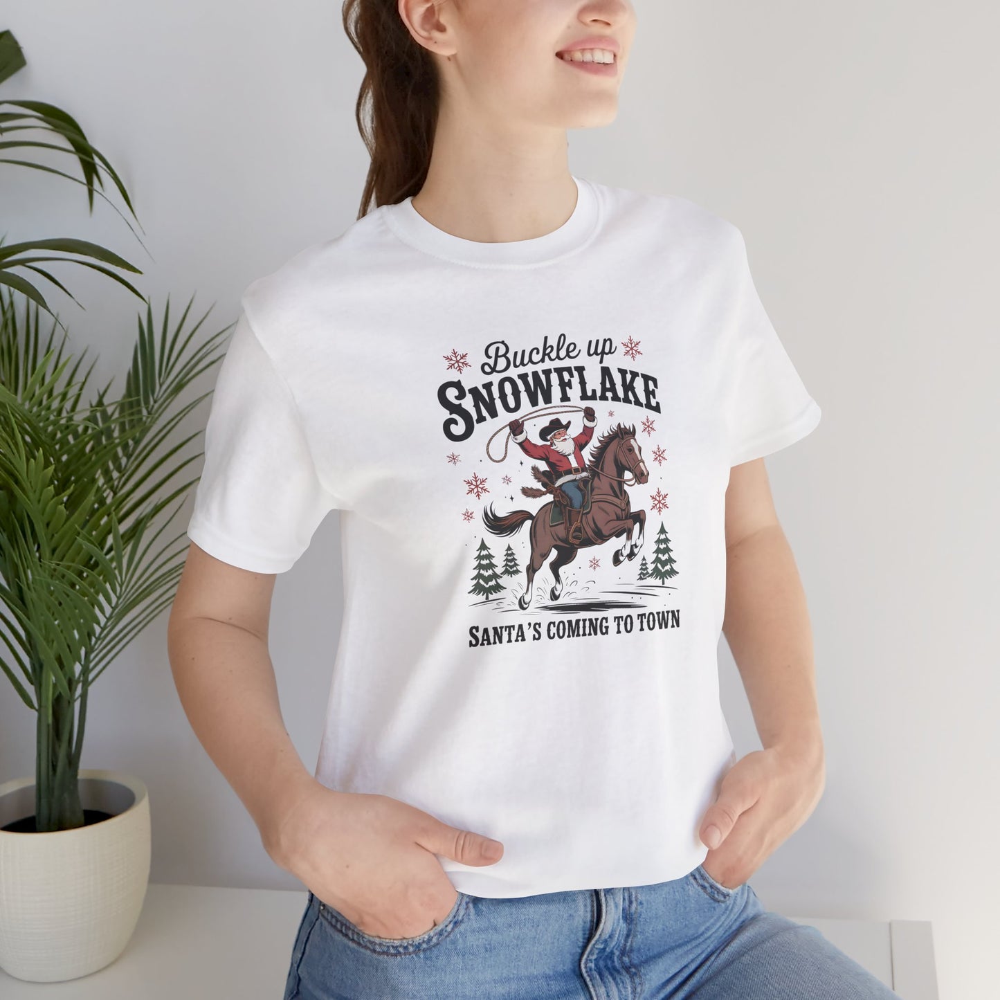 Buckle Up Snowflake!  Holiday Tee, Fun Christmas Shirt, Santa Riding Horse Shirt, Unisex Short Sleeve, Cozy Winter Top, Unique Gift Idea