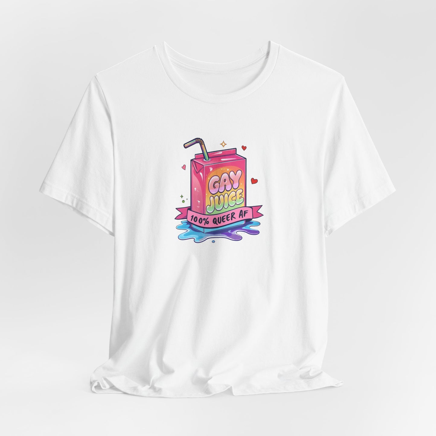 White t-shirt with a colorful graphic of a juice box labeled 'Gay Juice' on a white background