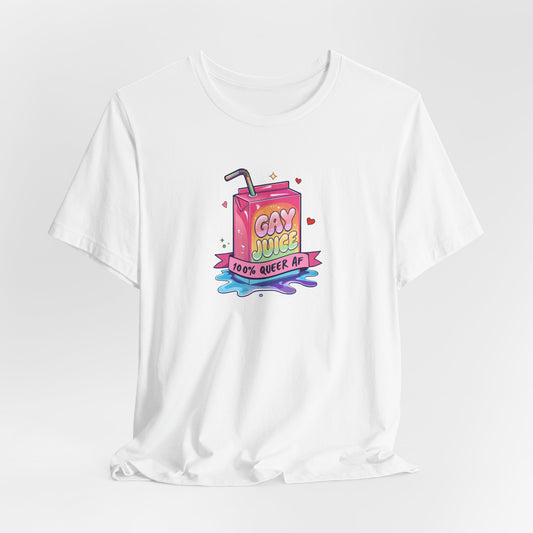 White t-shirt with a colorful graphic of a juice box labeled 'Gay Juice' on a white background