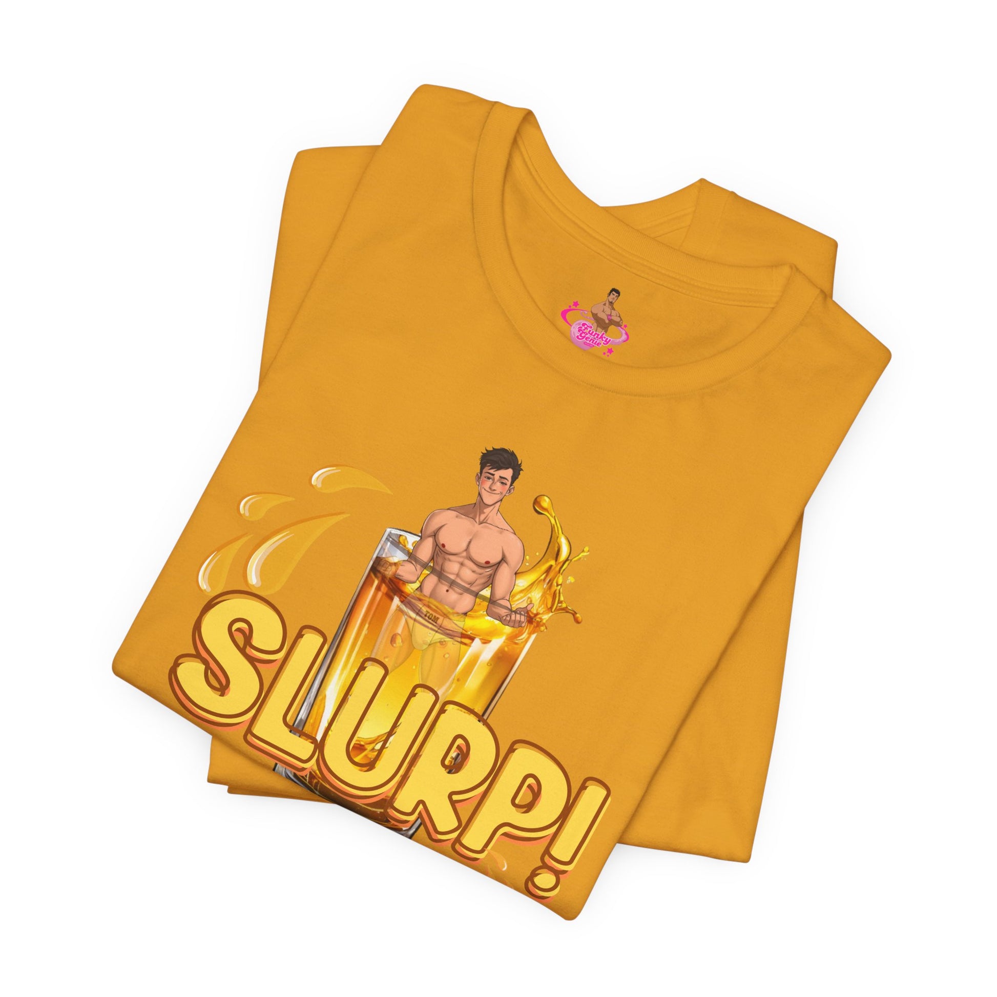 Yellow t-shirt with a graphic design of a person inside  a glass of yellow liquid with 'SLURP!' text on a. Watersports, piss play, Kink, LGBTQIA+