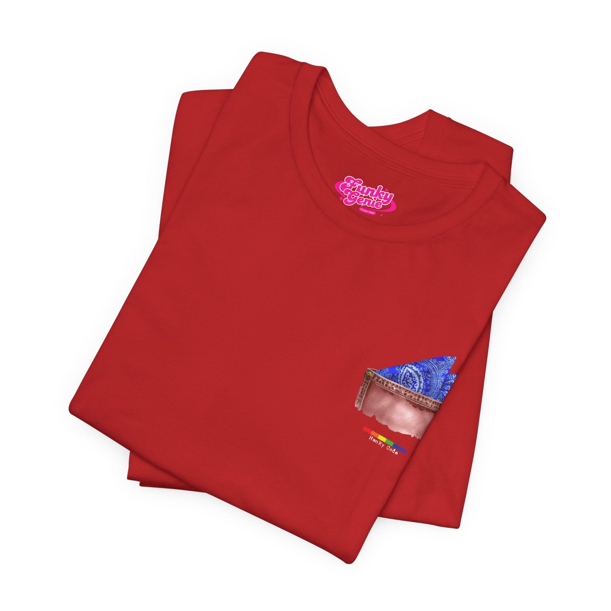 Red t-shirt with a small graphic of a pocket with a paisley print hanky tucked inside. it features the LGBT rainbow colours and the words Hanky Code