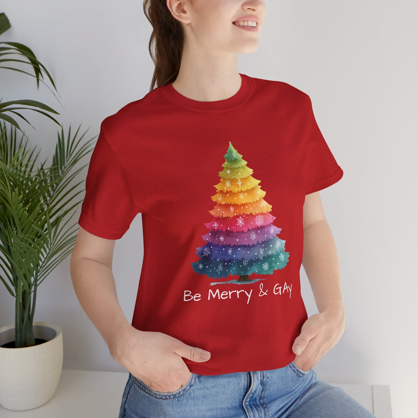 Festive LGBTQ+ Short Sleeve Tee, Be Merry & Gay T-Shirt, Pride Apparel, Christmas Gift, Holiday Top, Unisex Graphic Tee.