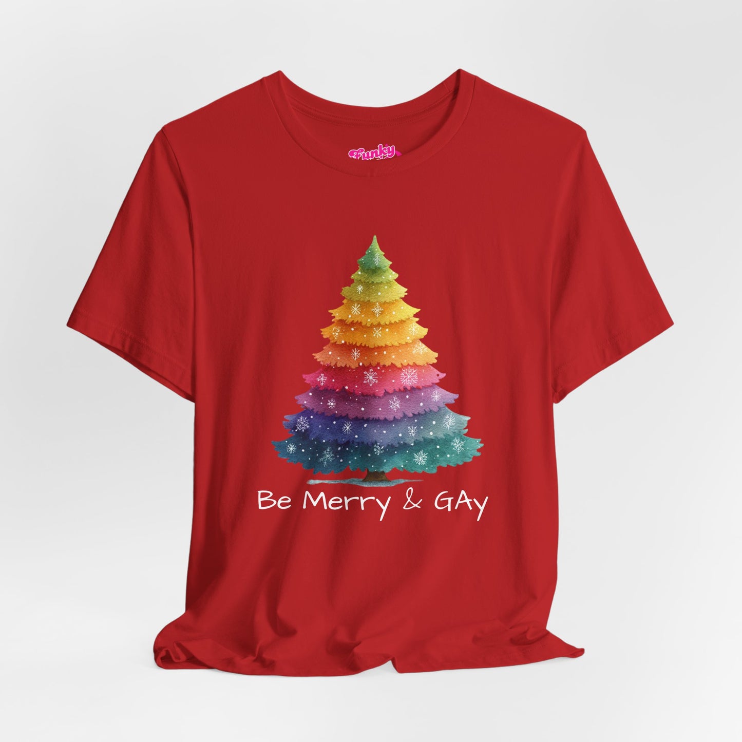 Festive LGBTQ+ Short Sleeve Tee, Be Merry & Gay T-Shirt, Pride Apparel, Christmas Gift, Holiday Top, Unisex Graphic Tee.