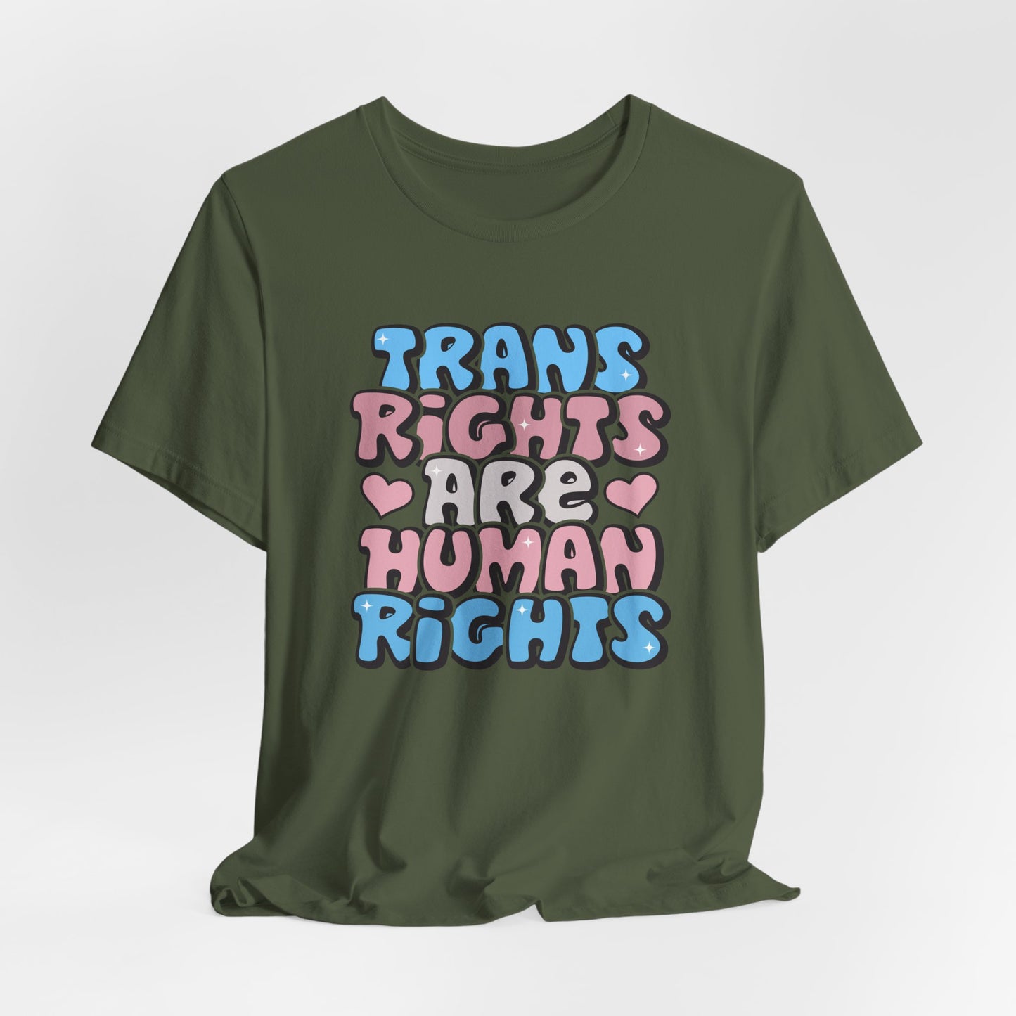 Green t-shirt with 'Trans Rights Are Human Rights' text on a white background  LGBTQIA+, Queer, Trans rights