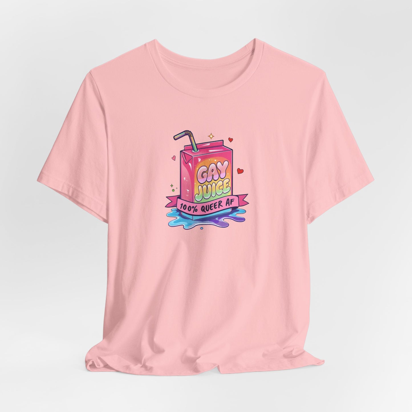 Pink t-shirt with 'Gay Juice' graphic on a light gray background