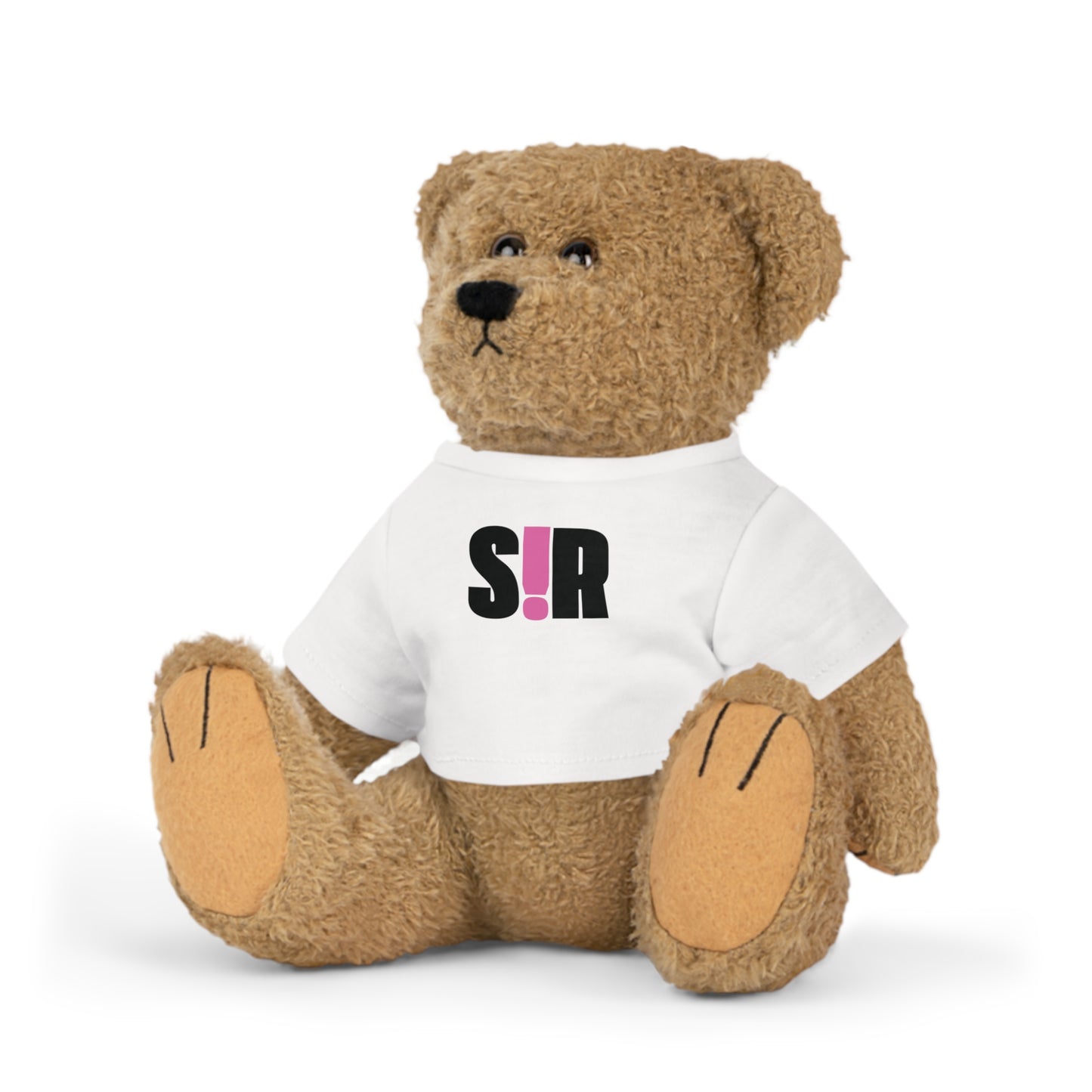 Brown teddy bear wearing a white shirt with 'S!R' printed on it against a white background