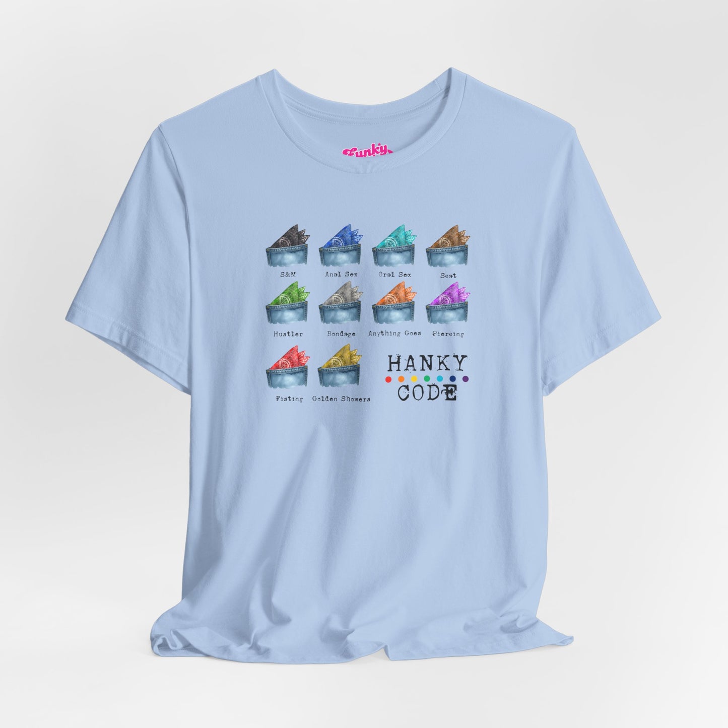 Blue t-shirt with a selection of small graphic images of pockets with a paisley print hankies tucked inside. it features the LGBT rainbow colours and the words Hanky Code