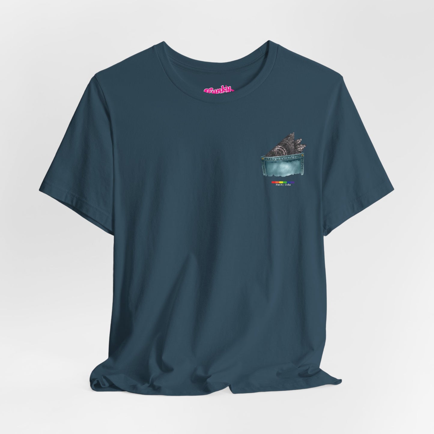 Deep Teal t-shirt with a small graphic of a pocket with a paisley print hanky tucked inside. it features the LGBT rainbow colours and the words Hanky Code