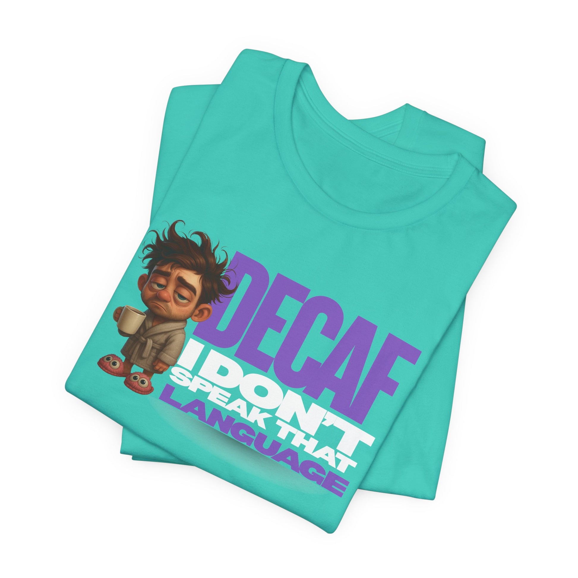 Teal t-shirt with cartoon character and text on a white background