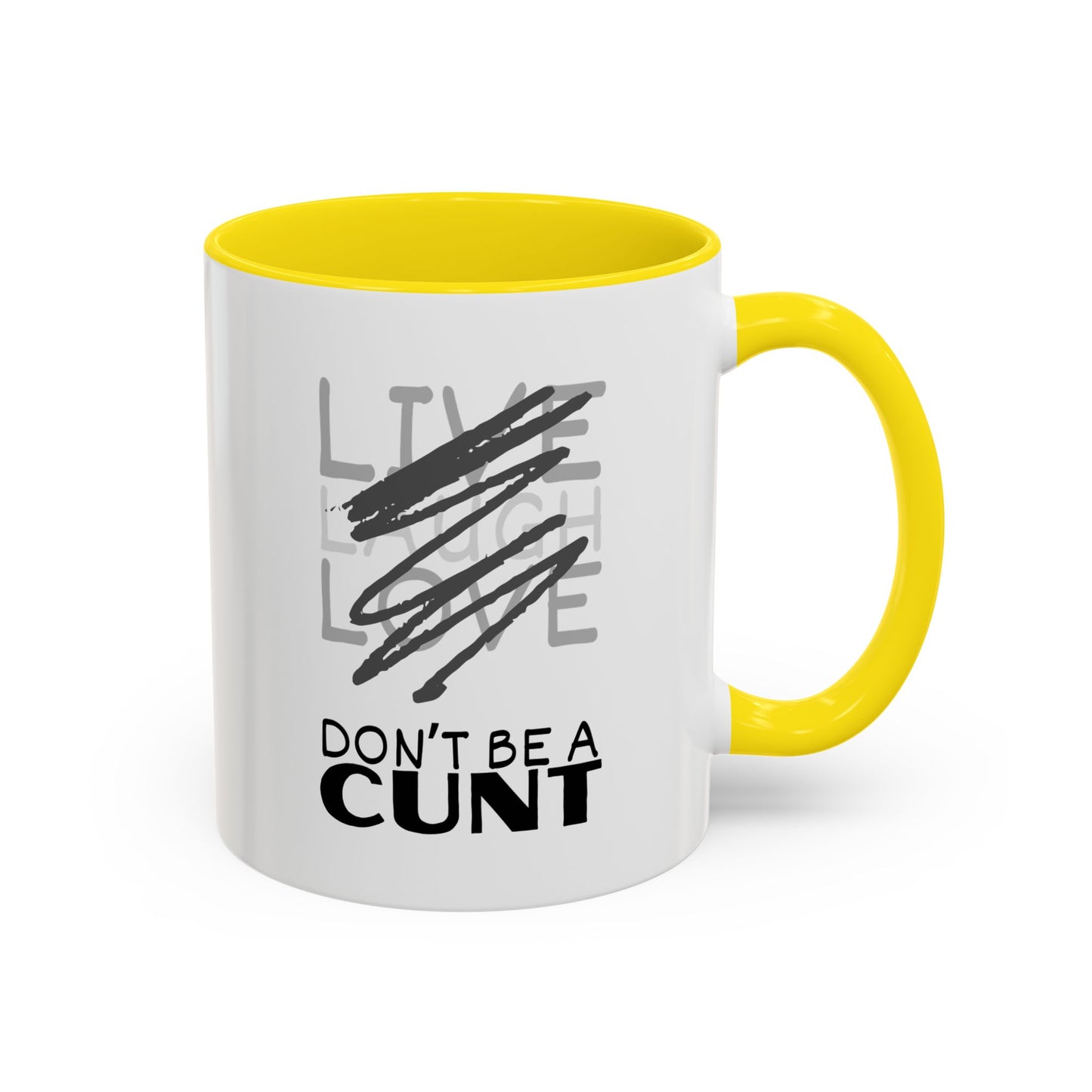 Mug with yellow interior and handle, featuring text on a white background