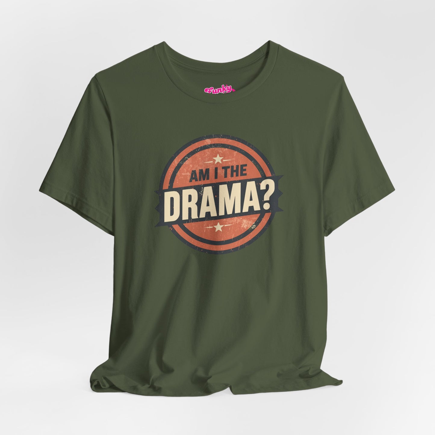 Circular logo with 'Am I The Drama?' text on a white background Am I the Drama? - Short Sleeve Tee - Funny T-Shirt for Social Events, Gift for Friends, Casual Wear, Birthday Present, and Drama Lovers