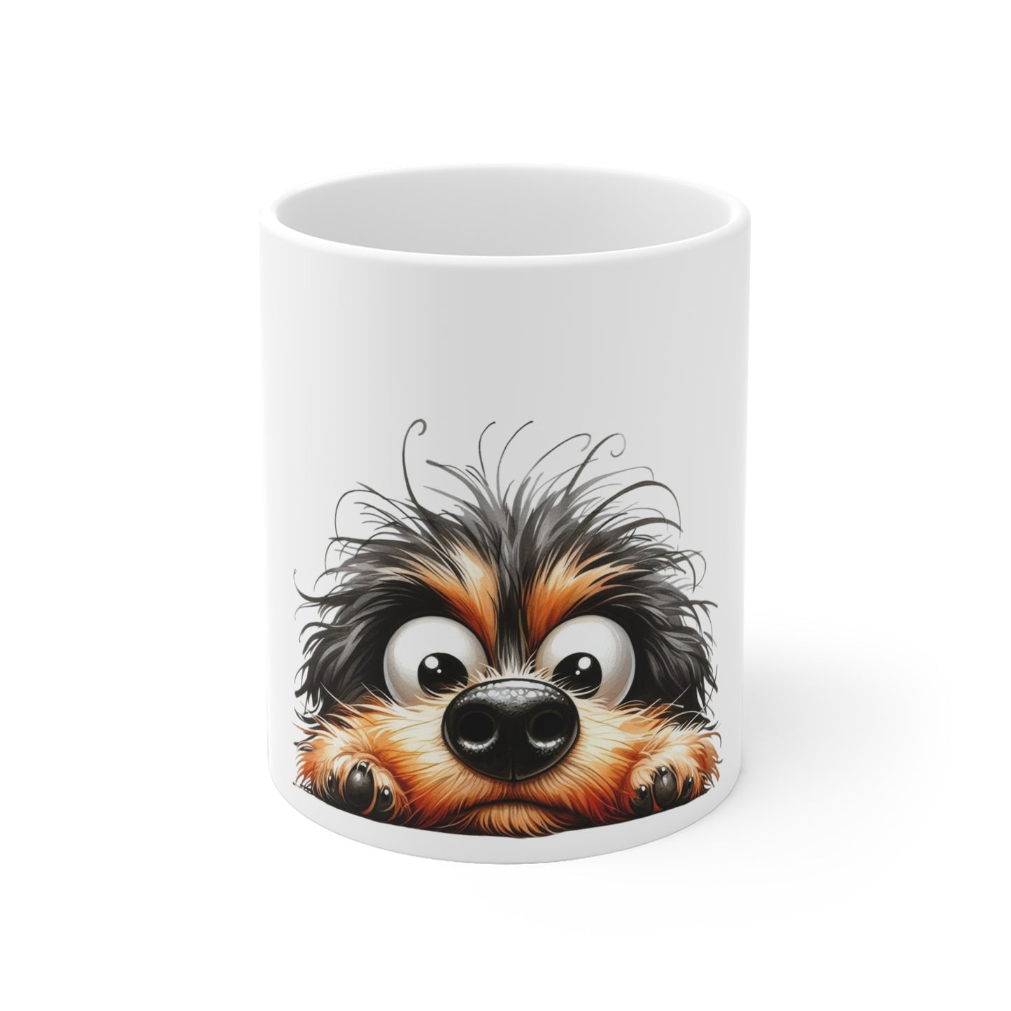 White mug with a cartoon dog design on a white background