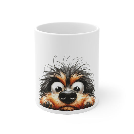 White mug with a cartoon dog design on a white background