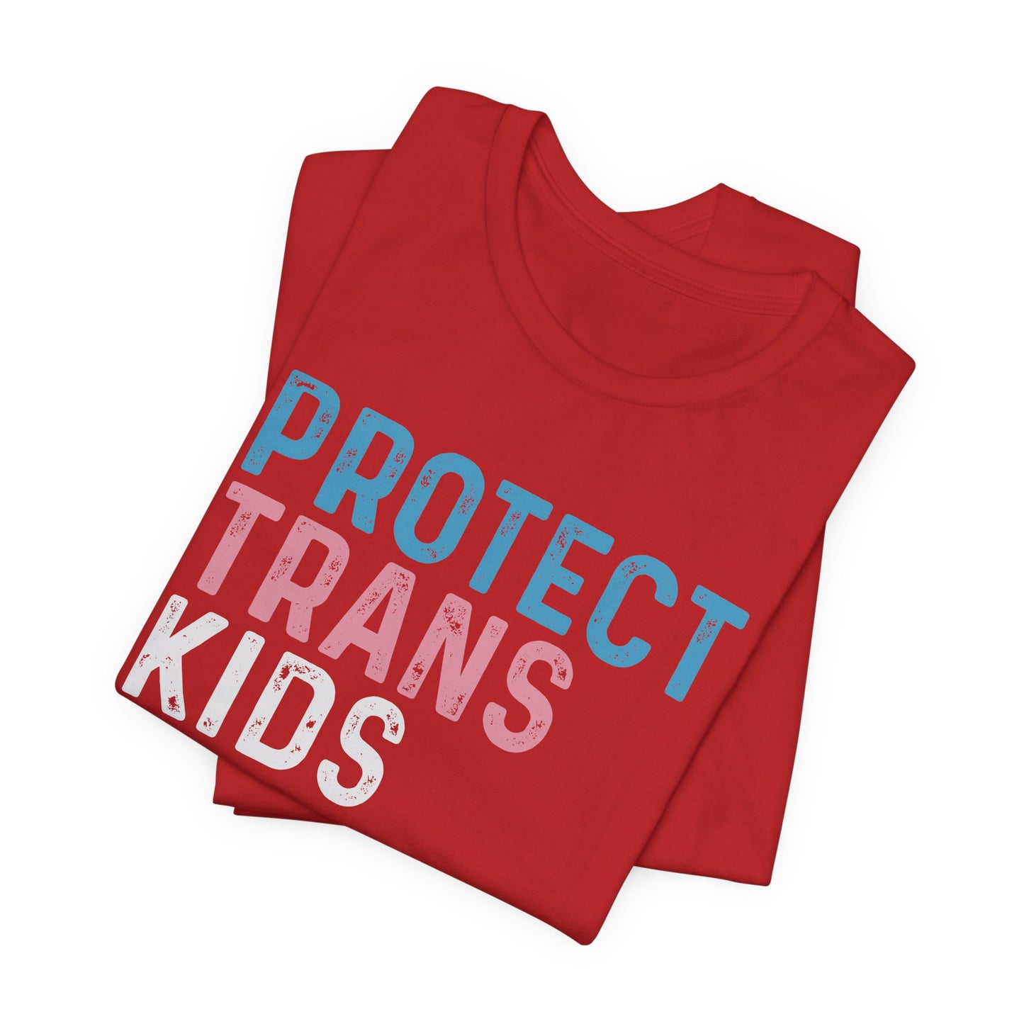 Red t-shirt with 'PROTECT TRANS KIDS' text on a white background LGBTQIA+, Queer, Trans rights