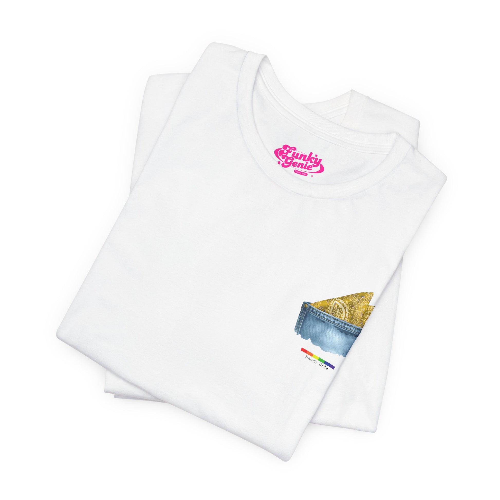 White t-shirt with a small graphic of a pocket with a paisley print hanky tucked inside. it features the LGBT rainbow colours and the words Hanky Code
