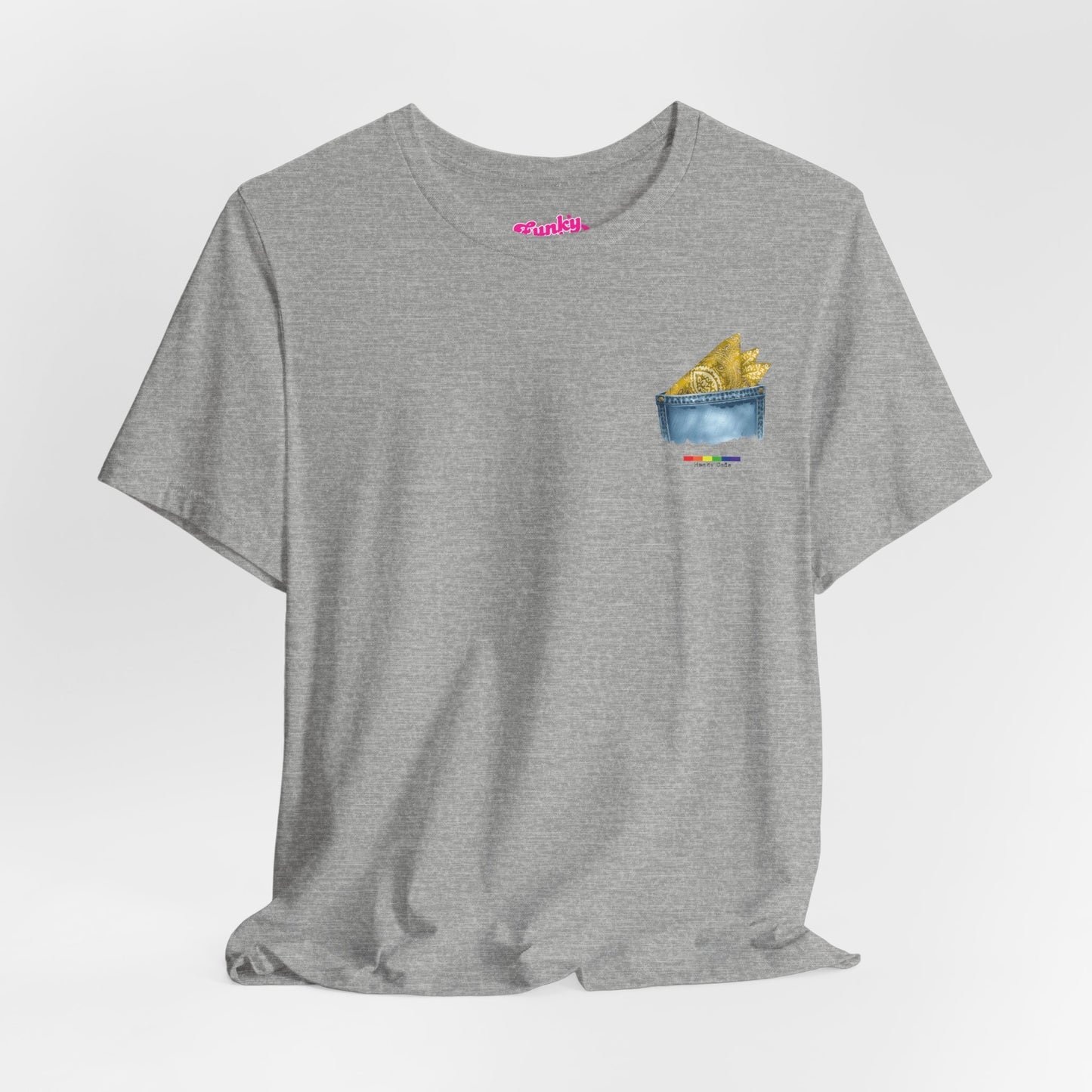 Grey t-shirt with a small graphic of a pocket with a paisley print hanky tucked inside. it features the LGBT rainbow colours and the words Hanky Code