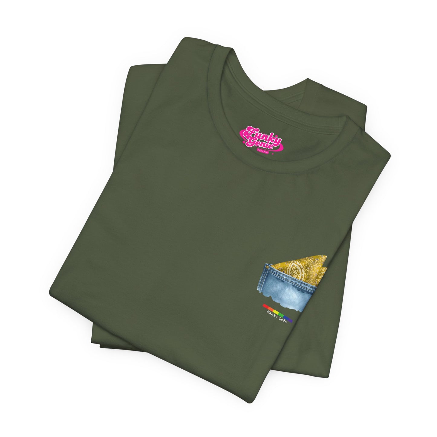 Green  t-shirt with a small graphic of a pocket with a paisley print hanky tucked inside. it features the LGBT rainbow colours and the words Hanky Code