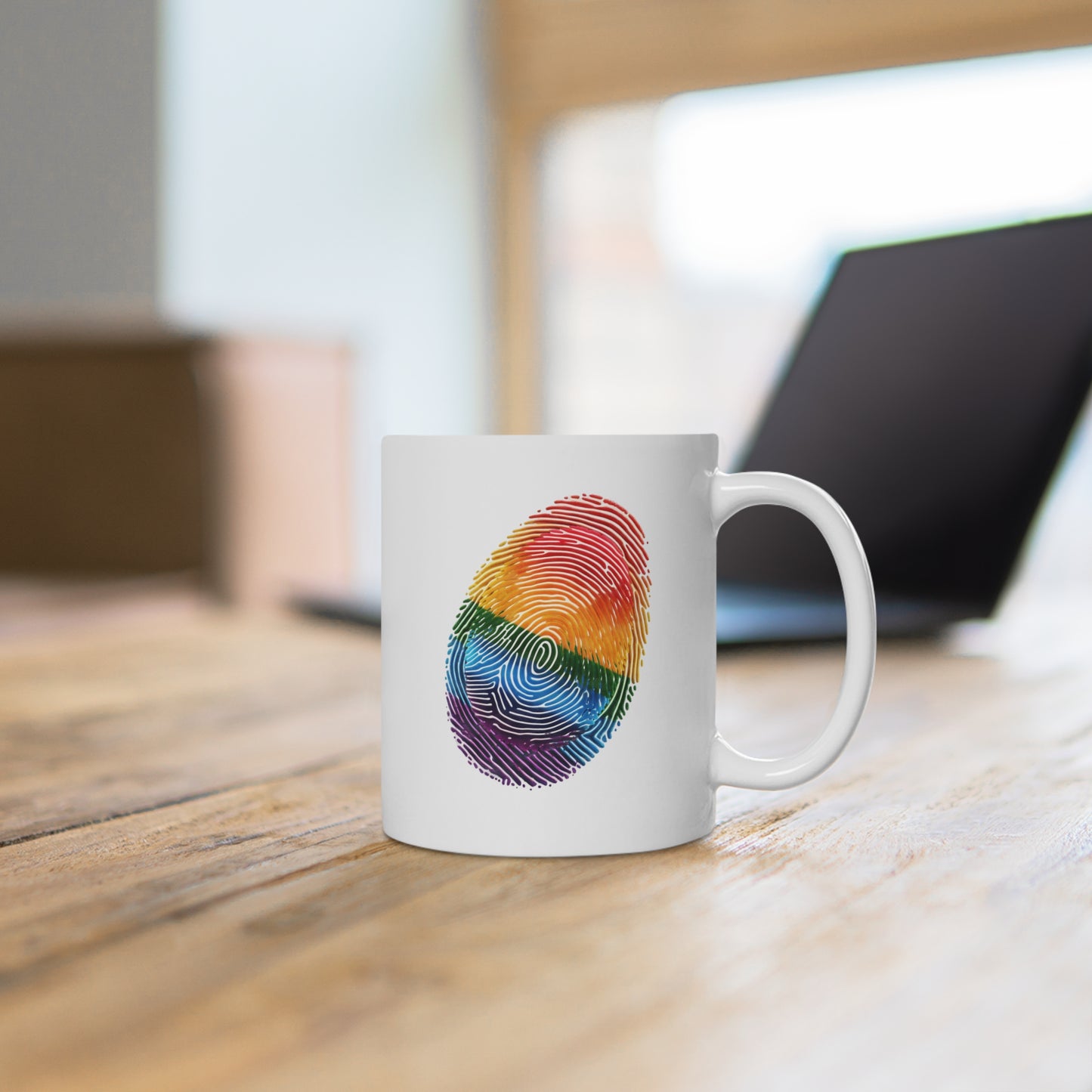 Rainbow Fingerprint Ceramic Mug - Vibrant Coffee Cup for LGBTQ+ Pride, Unique Gift, Art Lover's Mug, Colorful Drinkware, Personal Touch