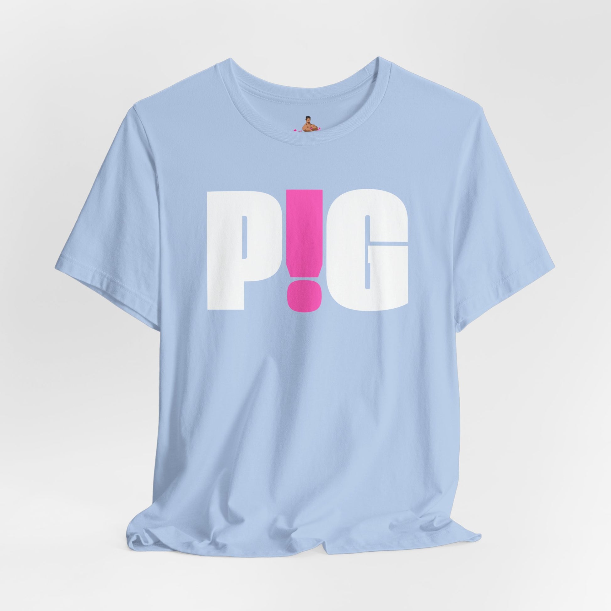 Light blue t-shirt with 'PIG' printed on it against a light gray background Kink, LGBTQIA+, Queer Sub Dom Pig, Piggy