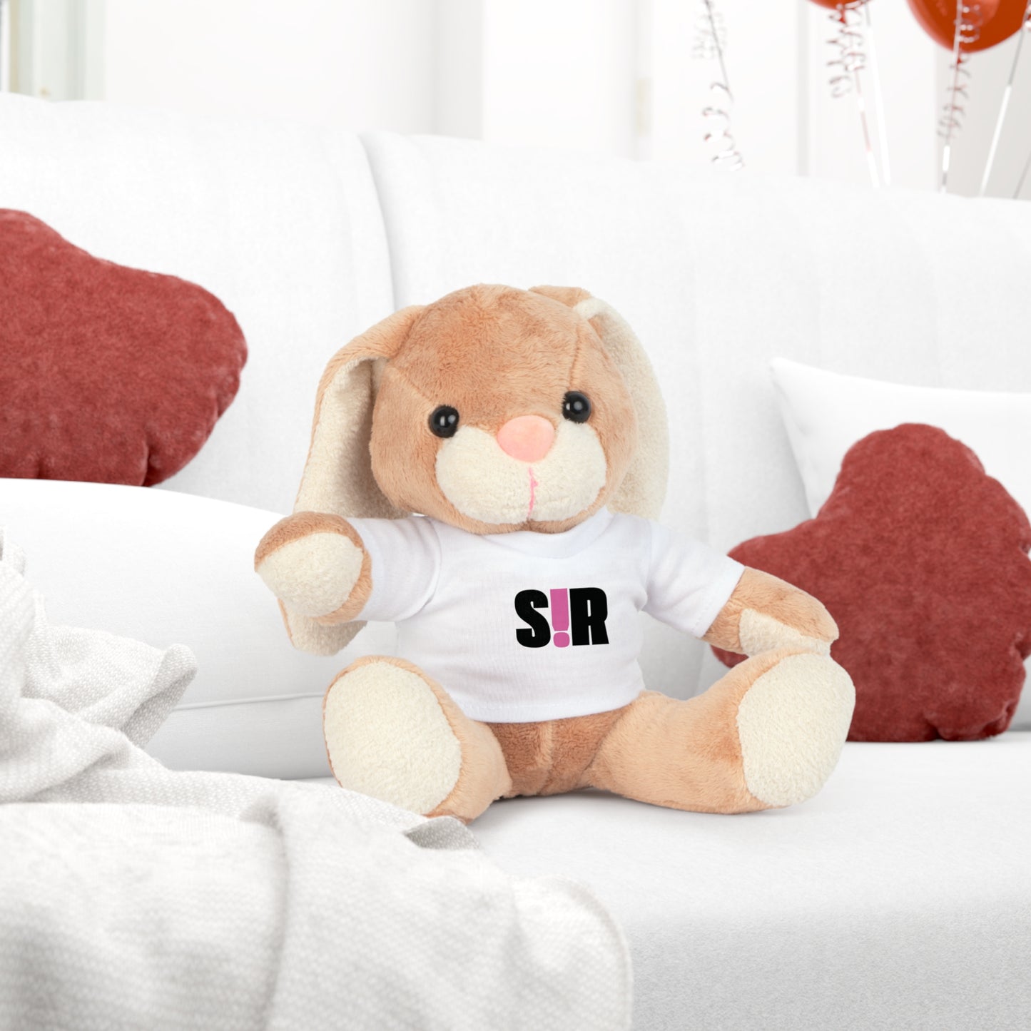 Plush bunny wearing a shirt with 'S!R' text on a white background