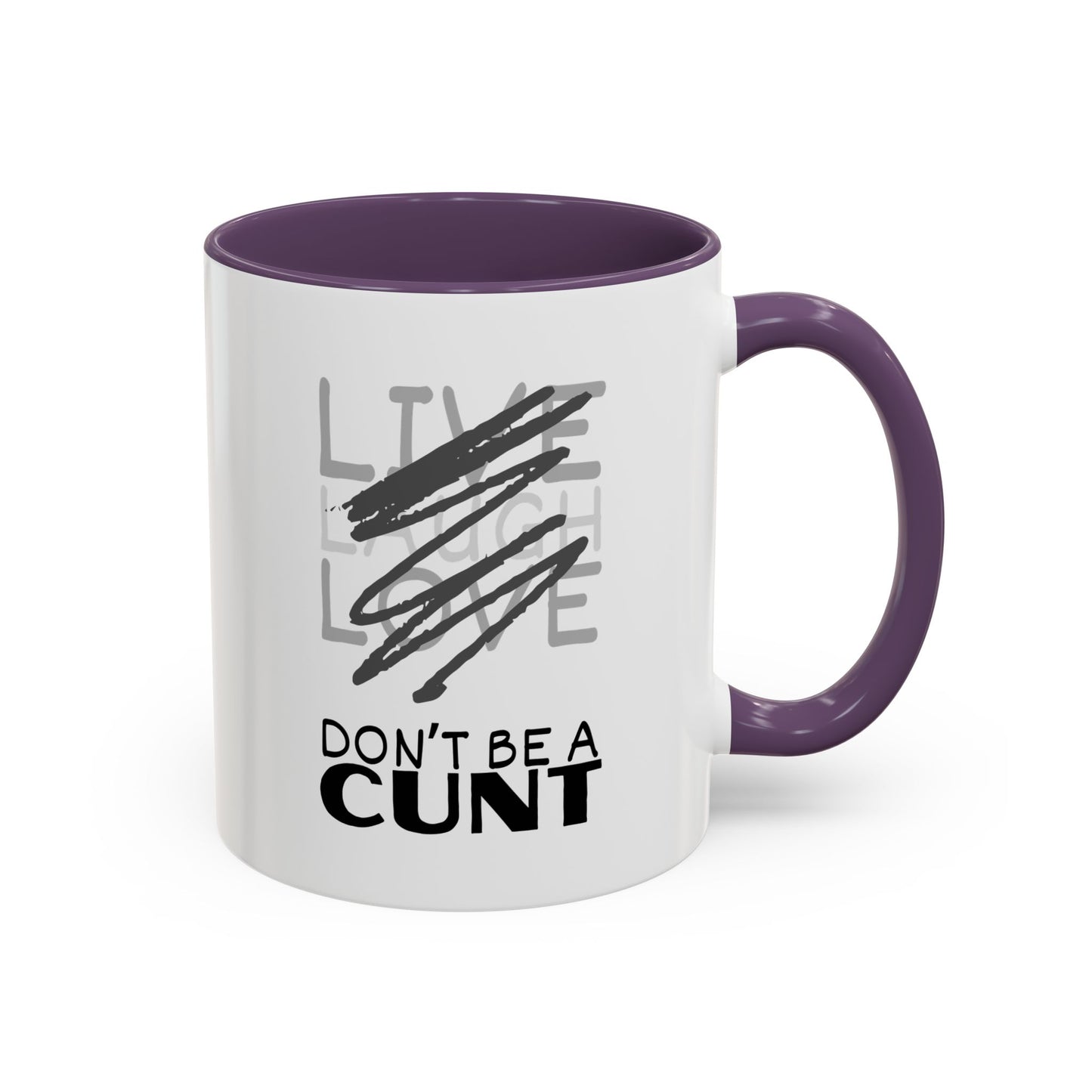 Mug with purple interior and handle, featuring text on a white background