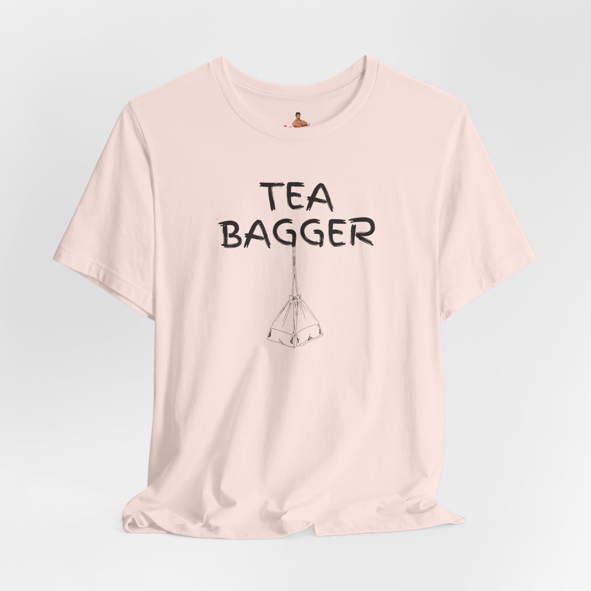 Pink t-shirt with 'TEA BAGGER' text on a light gray background  Kink, LGBTQIA+, Queer