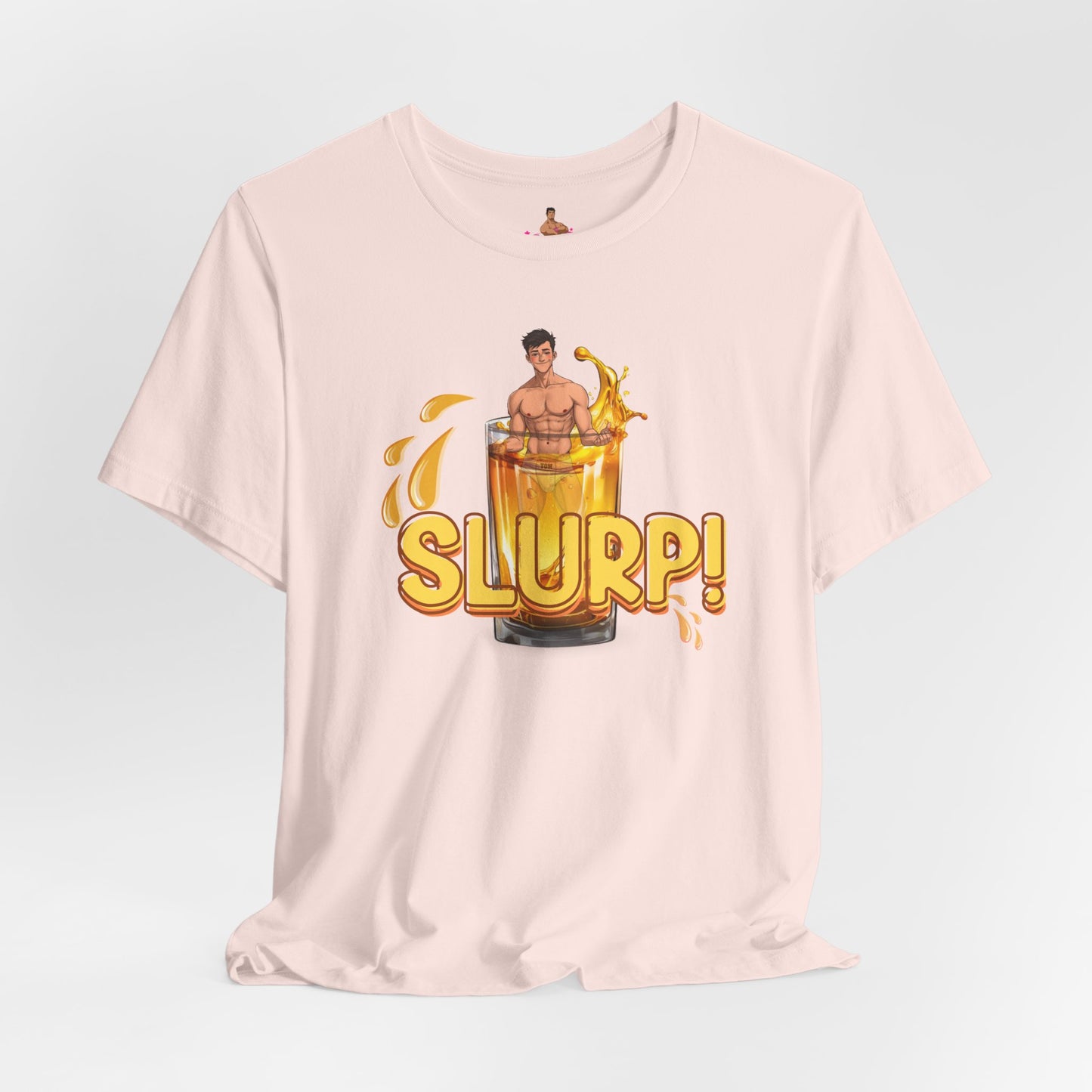 Pink t-shirt with a graphic design of a person inside  a glass of yellow liquid with 'SLURP!' text on a. Watersports, piss play, Kink, LGBTQIA+
