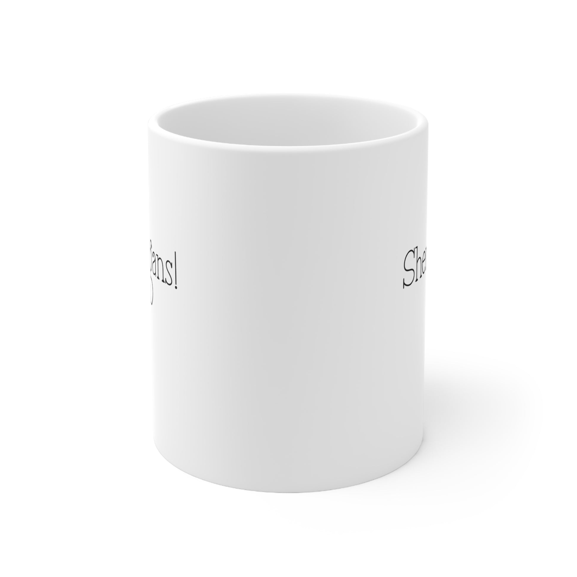 White mug with text on a white background