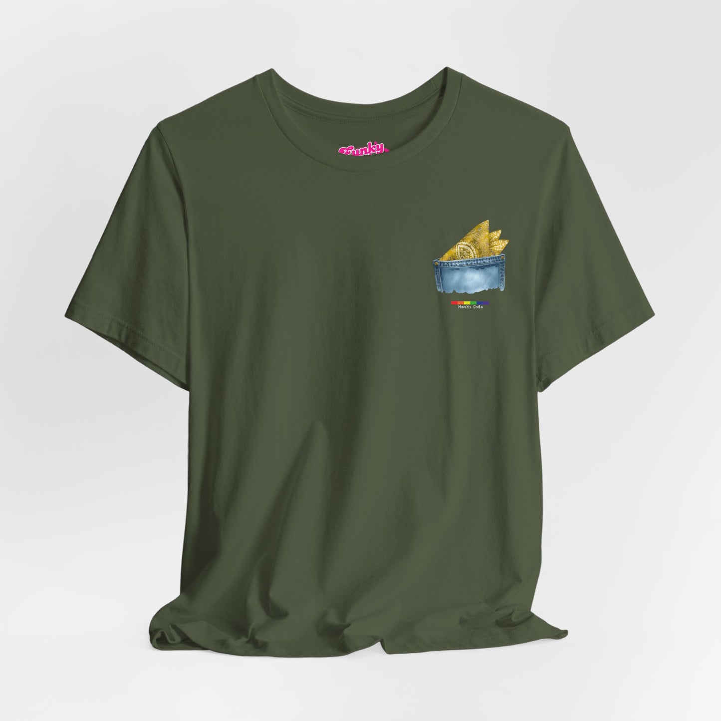 Green t-shirt with a small graphic of a pocket with a paisley print hanky tucked inside. it features the LGBT rainbow colours and the words Hanky Code