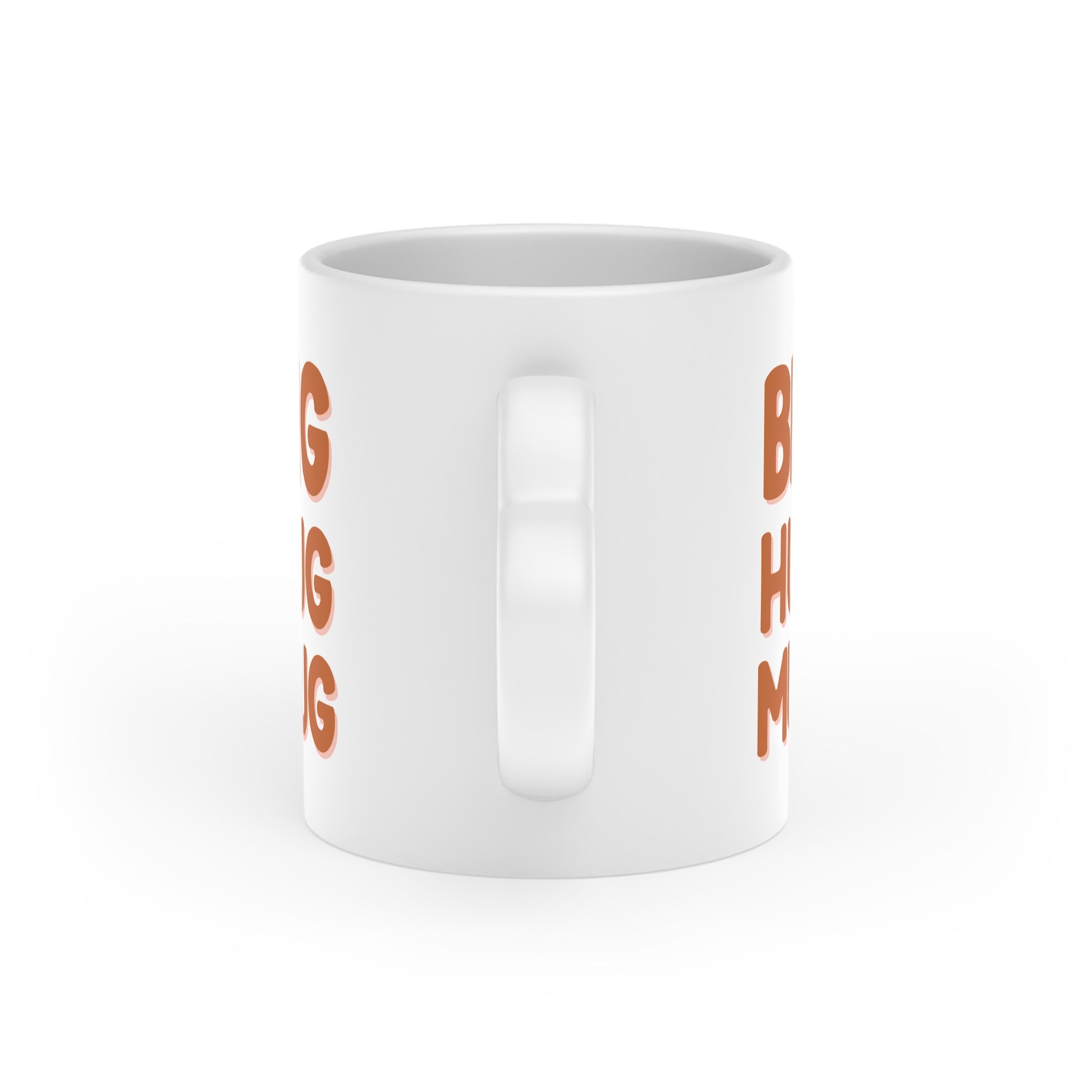 White mug with orange text on a white background