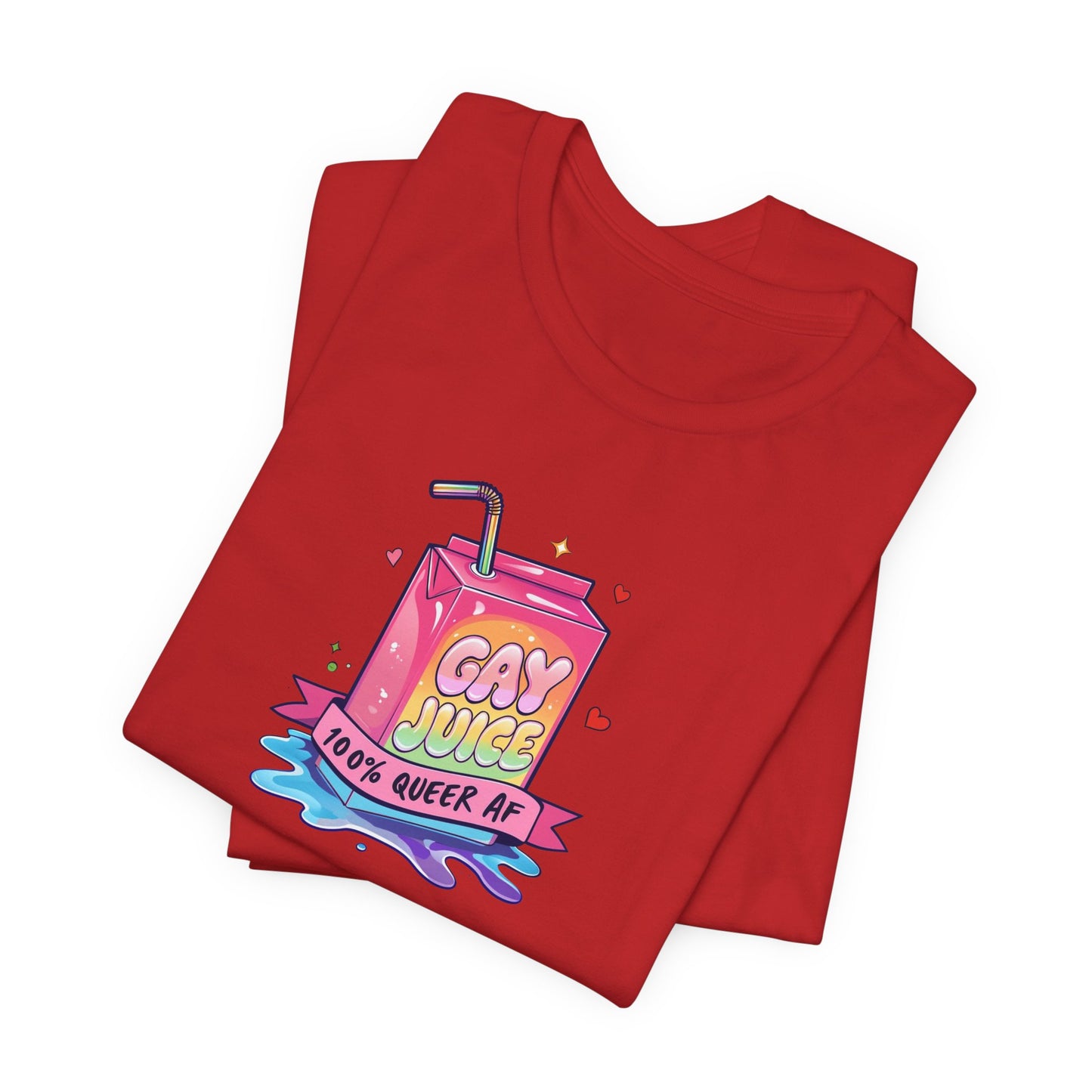 Red t-shirt with 'Gay Juice' graphic design on a white background