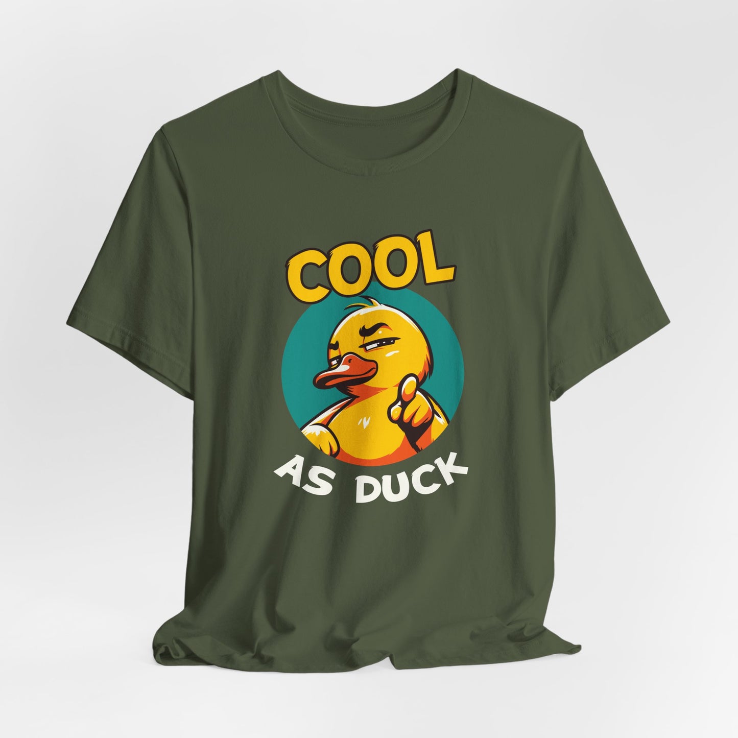 Green t-shirt with a duck graphic and text 'Cool as Duck' on a white background