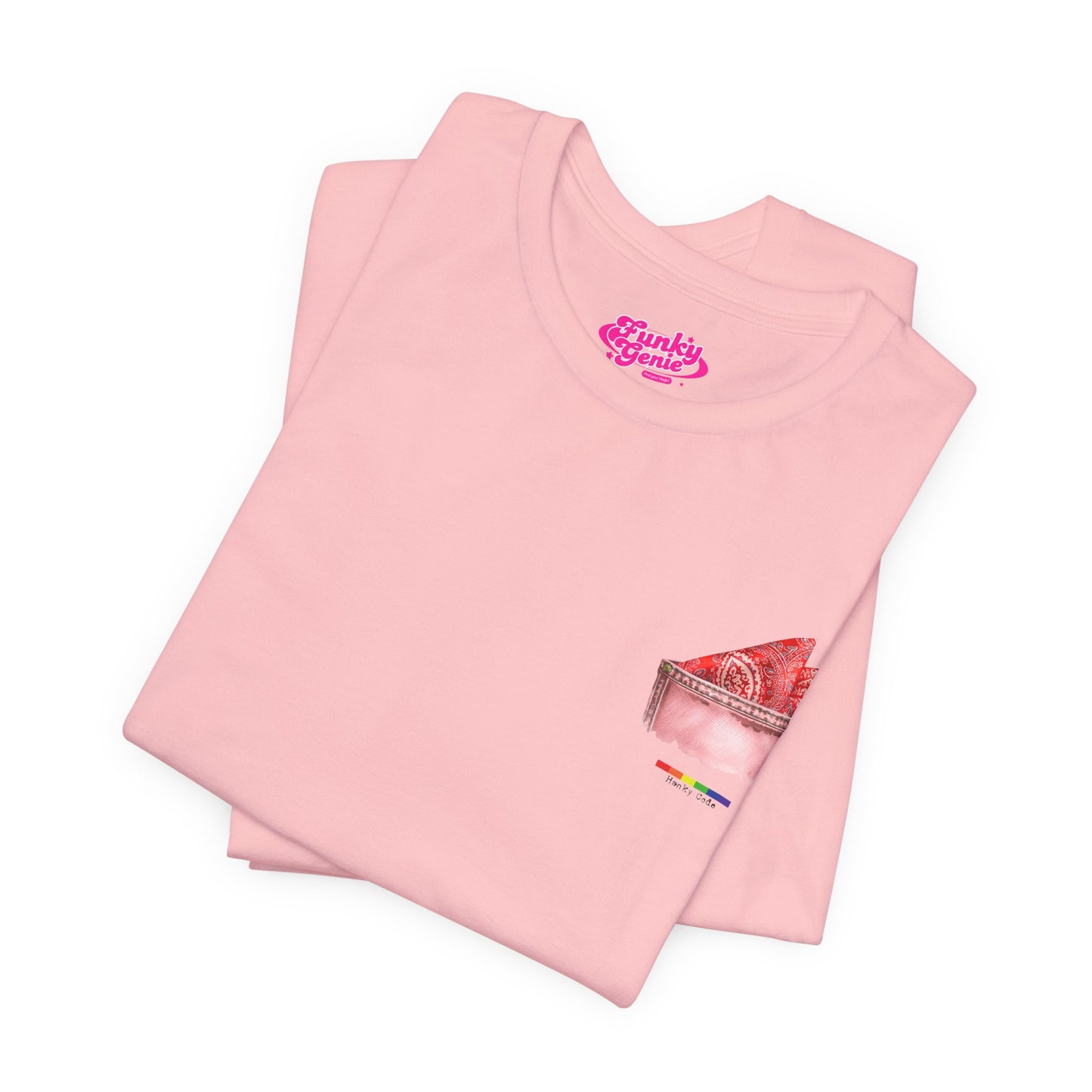 Pink t-shirt with a small graphic of a pocket with a paisley print hanky tucked inside. it features the LGBT rainbow colours and the words Hanky Code