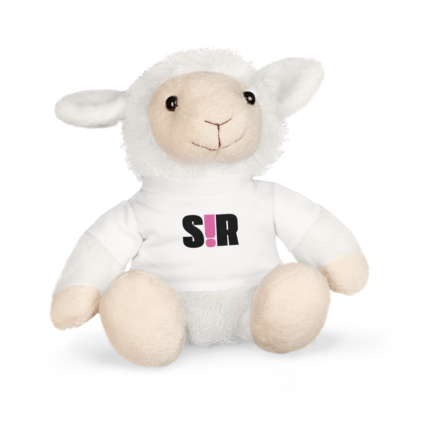 White plush lamb toy with 'S!R' logo on a white background