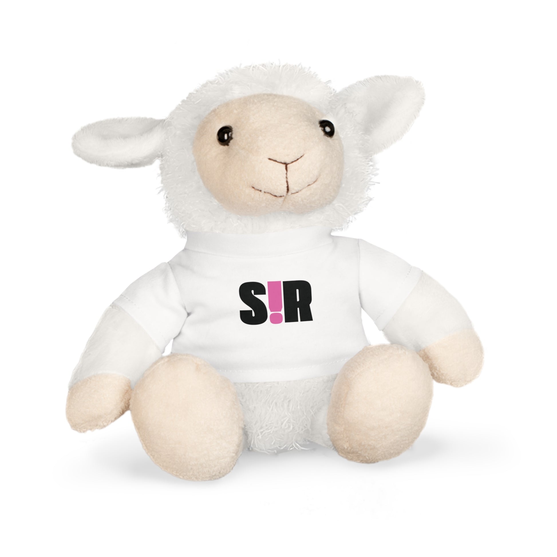 White plush lamb toy with 'S!R' logo on a white background