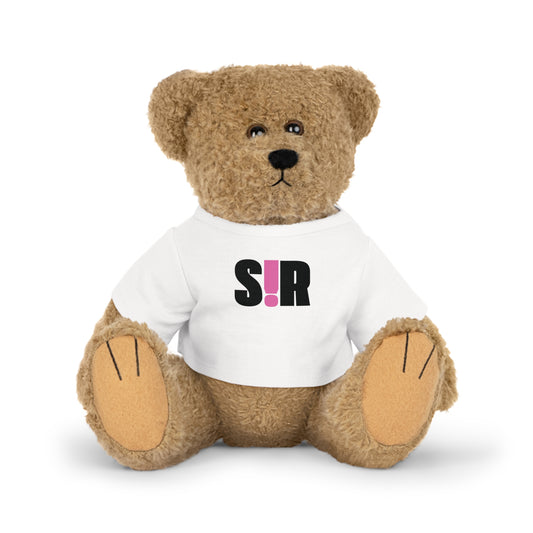 Teddy bear wearing a white shirt with 'SIR' printed on it against a white background