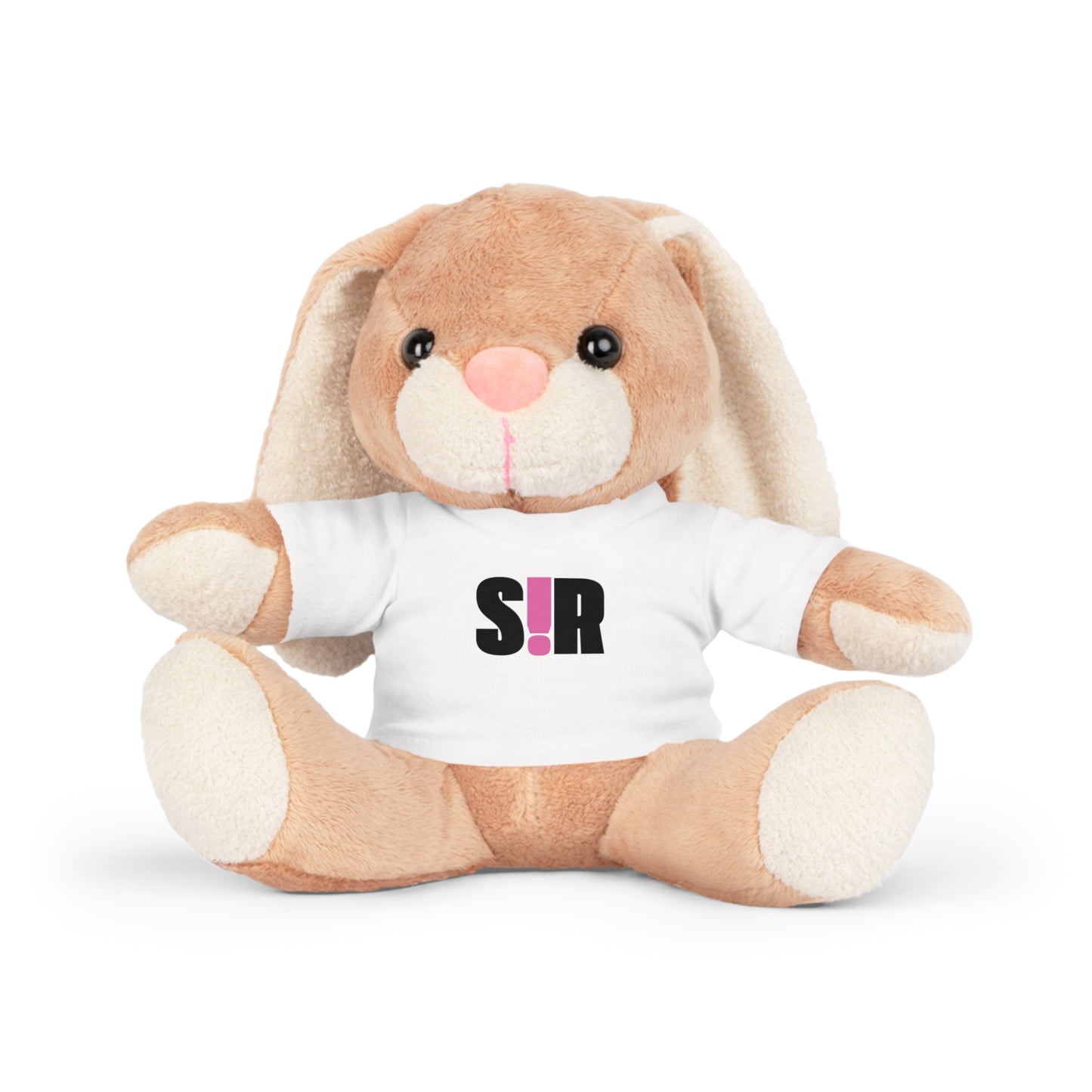 Plush rabbit toy wearing a white shirt with 'S!R' text on a white background