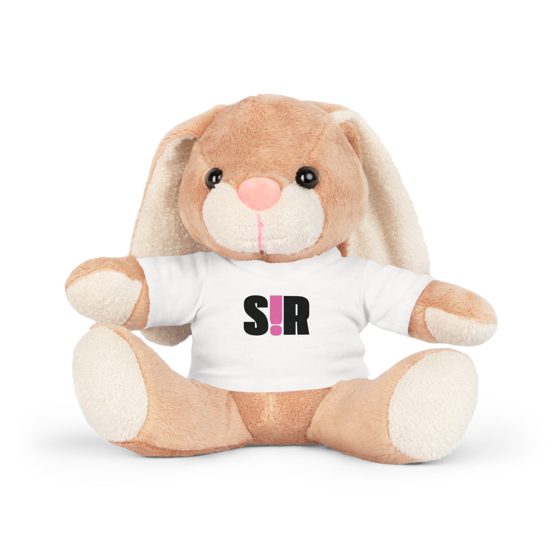 Plush rabbit toy wearing a white shirt with 'S!R' text on a white background